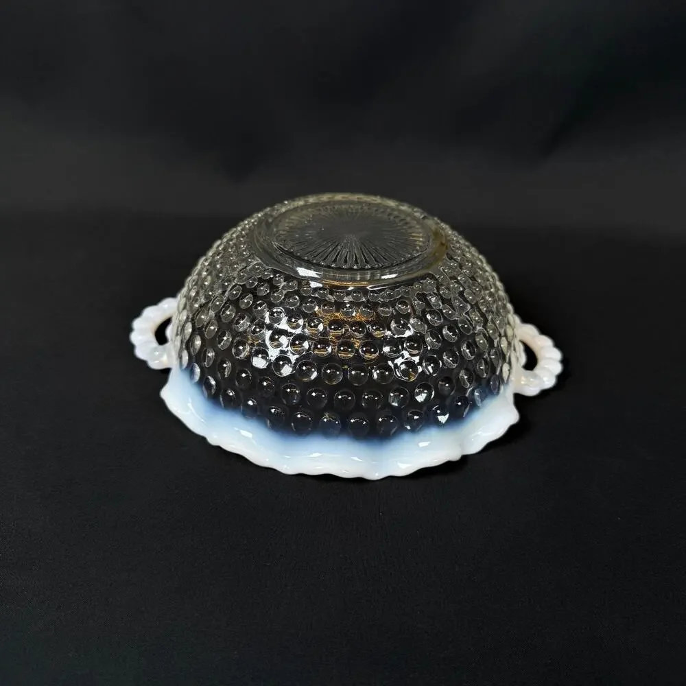Vintage Anchor Hocking Hobnail Moonstone Opalescent Ruffled Glass Bowl w Handles